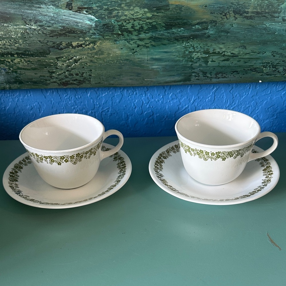 2 Corelle Spring Blossom Green (also known as Crazy Daisy) cup and saucer sets